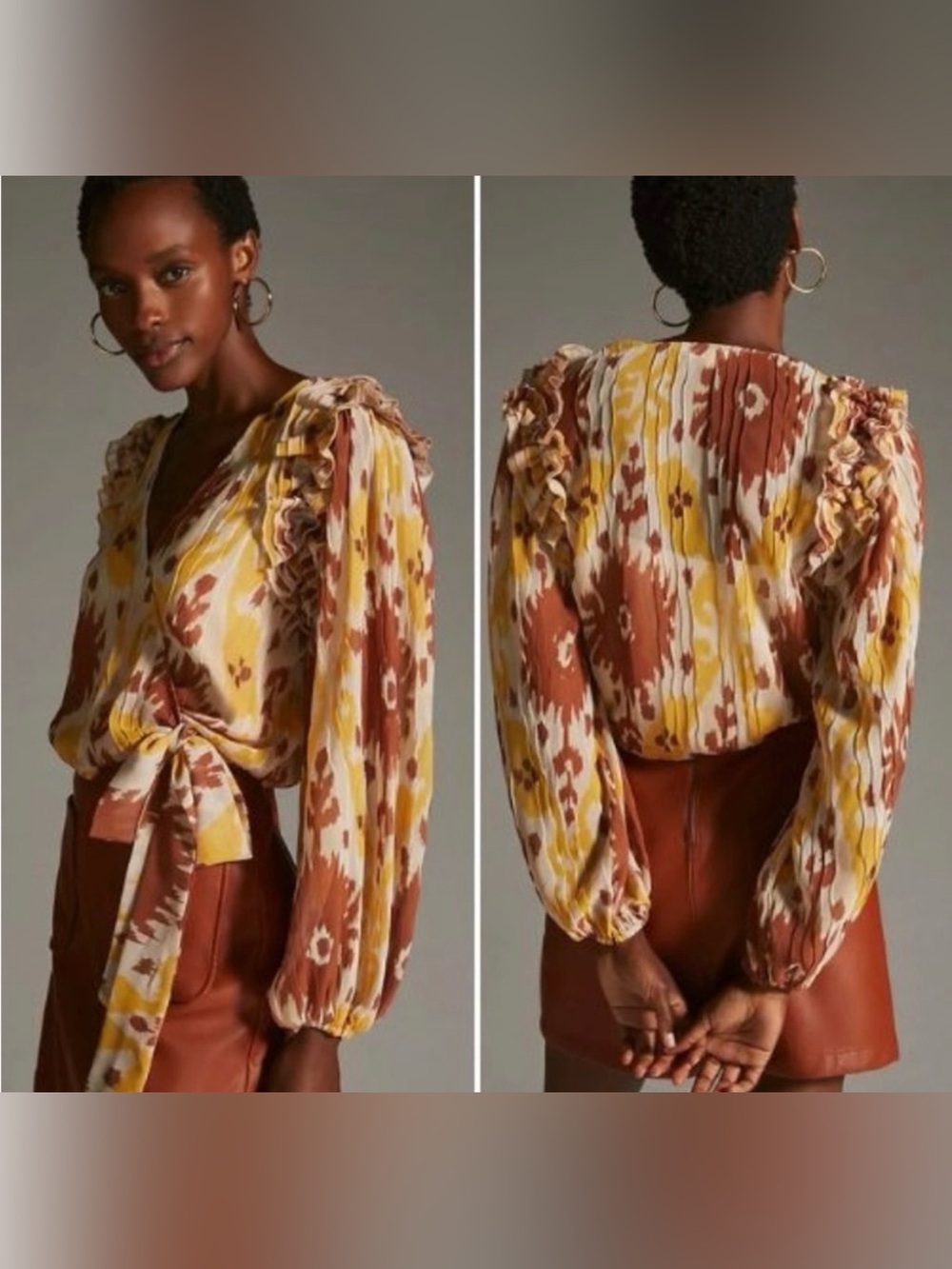 Anthropologie Rust, Yellow & Cream Tie-Front Ruffle Blouse $120